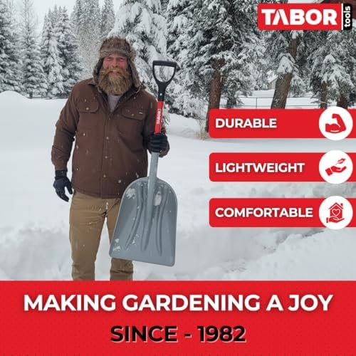TABOR TOOLS J218A Snow Scoop Shovel with 15 Inch Wide Poly Blade & Fiberglass Handle, Large Scoop Shovel for Driveway, Sidewalk & Deck, Ergonomic D-Grip, Short 26 Inch Handle
