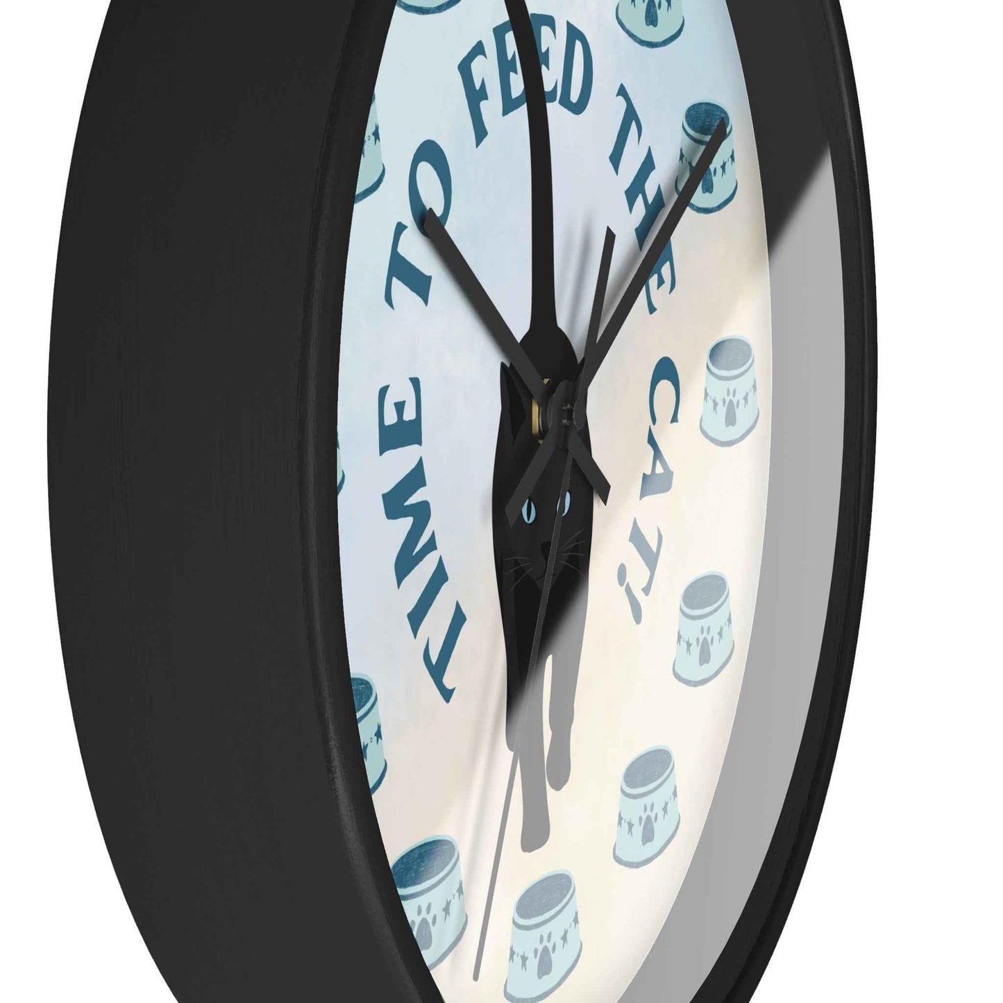 “Time to Feed the Cat!” Round Wall Clock – Black Frame, 10"