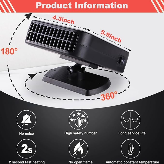 Portable Car Heaters for Vehicle,12V Car Heater that Plugs into Cigarette Lighter,200W Fast Heating Car Defroster Defogger 360° Rotatable 2 in 1 Heating & Cooling (Red)