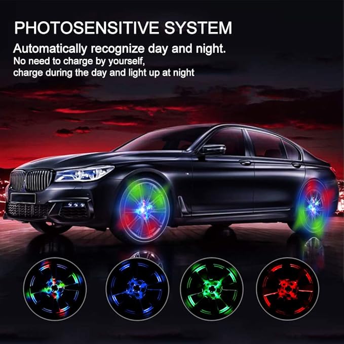 Sidaqi Solar Energy Car Wheel Hub Lamp LED Tire Lights with Motion Sensors - 4PCS Colorful Decorative Waterproof LED Wheel Lights for Cars, Motorcycles, Bicycles