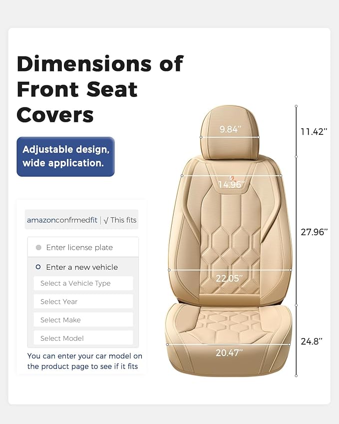 Huidasource Seat Covers Full Set, Universal Fit for Most Cars SUVs Trucks, Full Coverage Leather Automotive Seat Cover, Airbag, Cupholder Compatible, Seat Function Retain, Velcro Adjustable, Beige