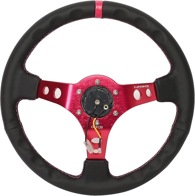 NRG Innovations NRG-RST-006FH Reinforced Steering Wheel 350mm Sport Steering Wheel (3" Deep), Black Leather Fushia Center Mark with Fushia Stitching, Fushia Center Spoke
