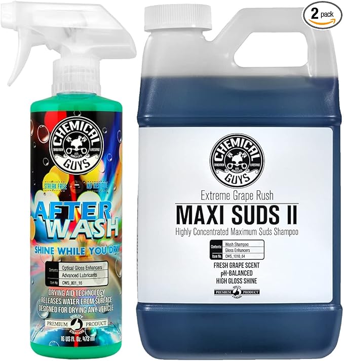 Chemical Guys CWS_1010_64A Car Wash, Dry & Shine Bundle - Maxi-Suds II Foaming Car Wash Soap, 64 Oz (Half Gallon), Grape Scent + After Wash Gloss Boosting Drying Aid (16 oz) (2 Items)