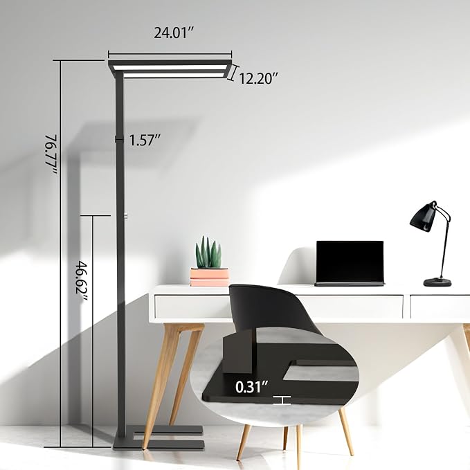 STERREN Eye-Care Led Floor Lamp,76" Tall Office Floor Lamp, 105W Black Modern Free-Standing Lamp, 11100LM Bright Reading Lamp for Study Room,Living Room,Meeting Room,4000K