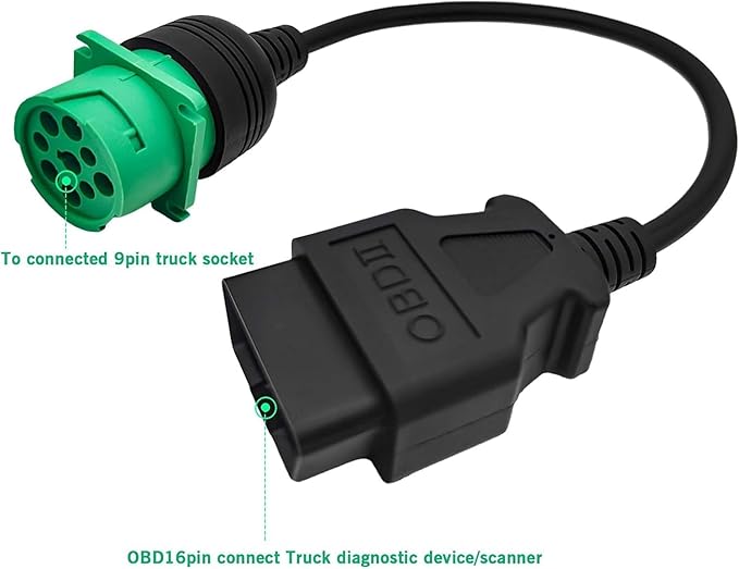9 Pin Type 2 J1939 to 16 Pin Male OBD2 Adapter Cable for Heavy Duty Trucks and Commercial Vehicles, Green J1939 Diagnostic Connector Plug Work with Truck ELD GPS Trackers OBD Diagnostic Scanner Tool