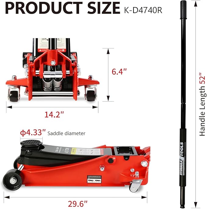 4 Ton Low Profile Floor Jack, Heavy Duty Floor Jack with Dual Pistons Quick Lift Pump, Steel Car Jacks Adjustable Height 4"-21", Hydraulic Trolley Floor Jacks 4 Ton/8000 LBS Capacity, Red