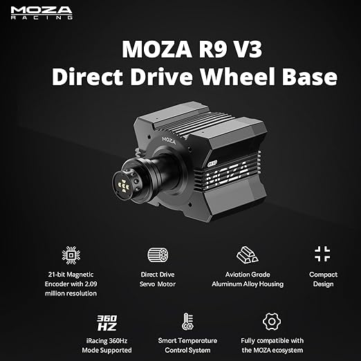 MOZA R9 V3 Direct Drive Servo Motor Sim Racing Wheel Base, 9Nm FFB Force Feedback Steering Wheel Base, Customizable Standalone Wheel Base Simulator for PC Racing Game, black