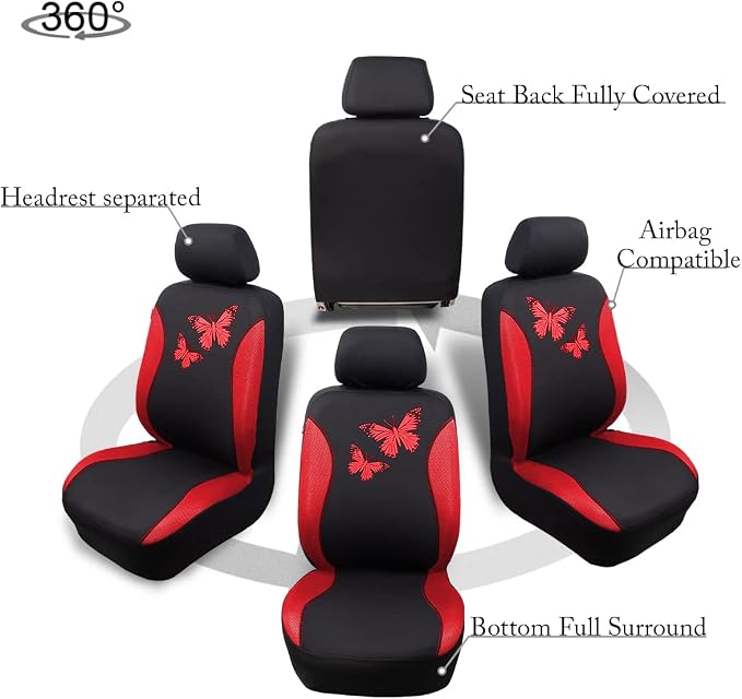 Flying Banner Butterfly car seat Covers ful Set Fashion Universal Lady Woman Female Rear Bench Split Colorized (Full Set, Red)