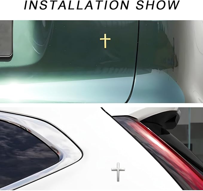 DXNQ 2PCS Metal Jesus Christ Cross Badge Stickers, 2.5"×1.8" Alloy 3D Individual Car Cross Sticker, Self Adhesive Scratch Covering Metal Cross Auto Emblem Decal for Car Body Fender Tail (Silver+Gold)