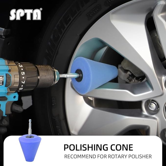 SPTA Polishing Cone, Car Wheel Hub Drill Buffing Sponge Pads Kit, Polishing Ball (Blue T80 Medium Cut Polishing Cone)