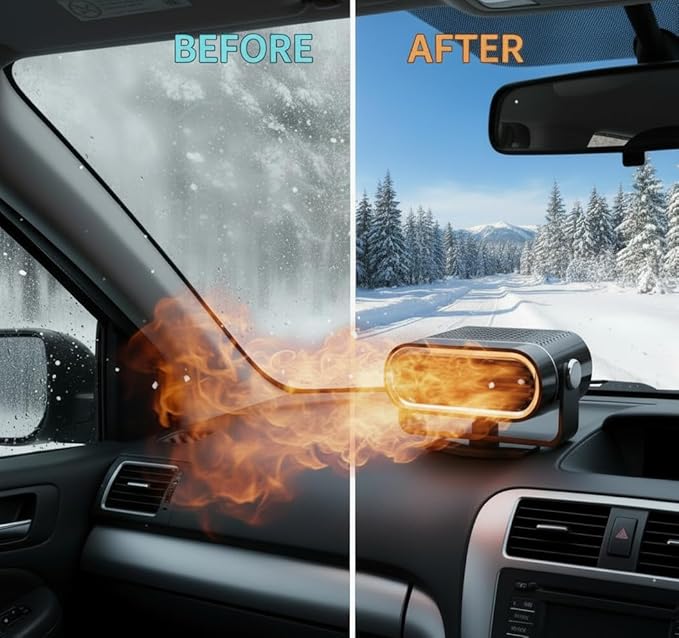12V Portable Car Heater for Vehicle,Car Heater and Windshield Defroster and Demister Features Heating Cooling and Air Purification Functions,360° Rotating Cigarette Lighter Port Heater for Cars Black