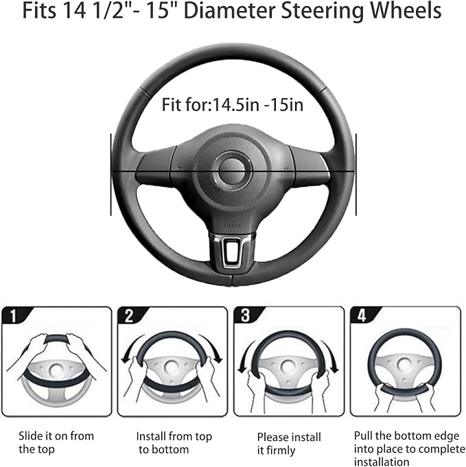 Black Genuine Leather Car Steering Wheel Cover Men Women,Cowhide Wheel Cover,Soft,Breathable,Anti-Slip,Luxury Steering Wheel Cover,Universal Standard Size 14.5-15 inch(M)