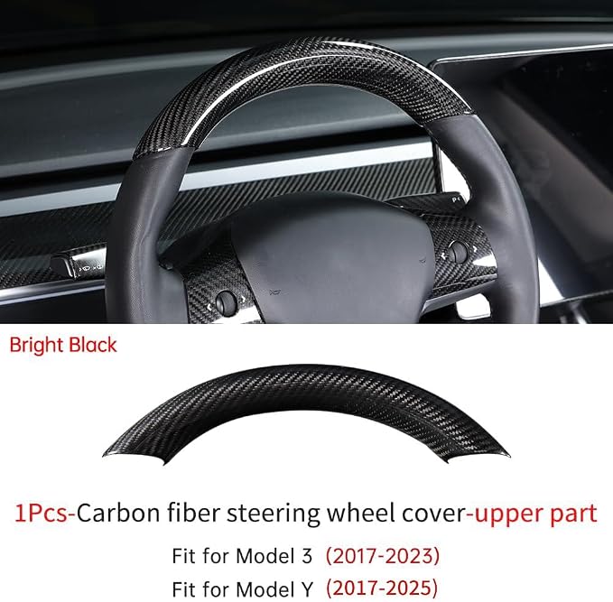 JSWAN Real Carbon Fiber Steering Wheel Cover for Tesla Model 3 2017 to 2023 Model Y 2020 to 2024 Steering Wheel Cover Steering Wheel Wrap Protector Interior Accessories (Bright Black Upper Part)