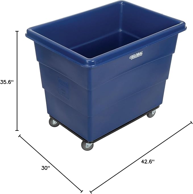 Global Industrial 16 Bushel Plastic Bulk Box Truck, Steel Chassis Base, 1000 lbs. Capacity, 4" Non-Maring Rubber Casters, Blue, 42-3/5"L x 30" W x 35-3/5"H