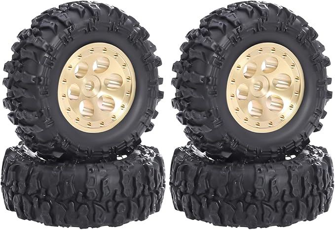 4pcs SCX30 Brass Offset 0.7'' Wheels Set with Rubber Tires Sponge Insert for AXIAL SCX30 Ford Bronco JEEP WRANGLER JLU RC Crawler Upgrade Part (Golden 6-hole set)