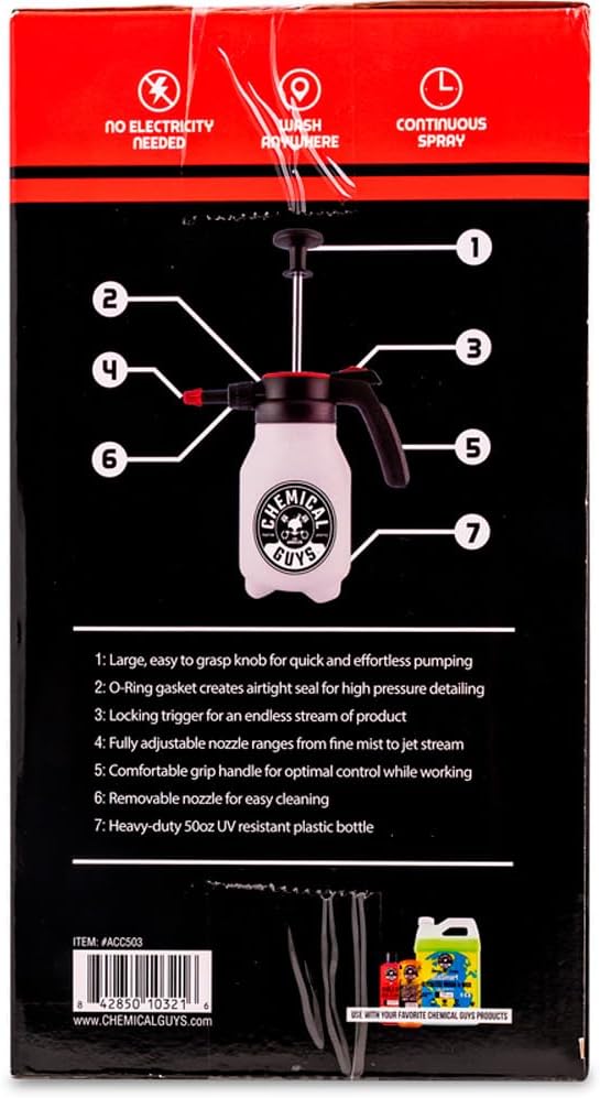 Chemical Guys Mr. Sprayer Full Function Pressure Atomizer and Pump Sprayer, Professional 50 oz Spray Bottle for Cleaning & Washing, for Home, Garden, Car Detailing, Easy Pump Action and Adjustable
