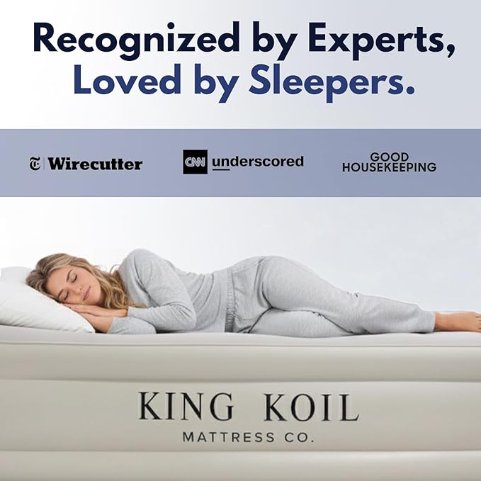 King Koil Luxury Air Mattress 20in Full Size Beige with Built-in Pump for Home, Camping & Guests-Inflatable Airbed Luxury Double High Adjustable Blow Up Mattress, Durable - Portable and Waterproof