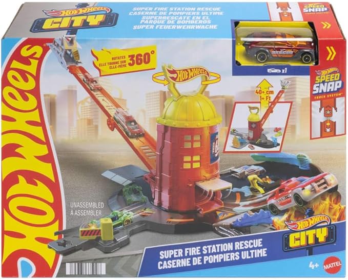 Hot Wheels Toy Car Track Set, City Super Fire Station Rescue Playset & 1:64 Scale Fire Truck, Ladder-Track Extends 16”, 4 Different Exits, Easy Storage