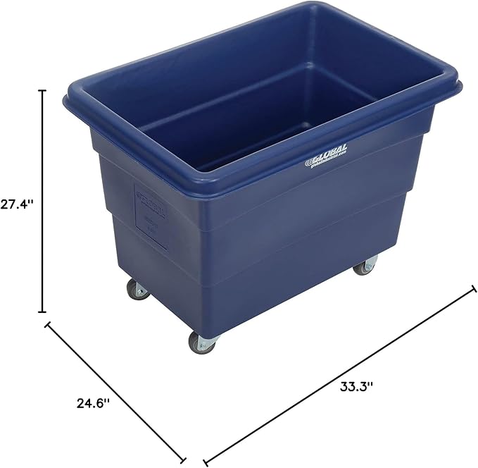 Global Industrial 8 Bushel Plastic Bulk Box Truck, Direct Mount Base, 500 lbs. Capacity, 3" Non-Maring Rubber Casters, Blue, 33-3/10"L x 24-3/5"W x 27-2/5"H