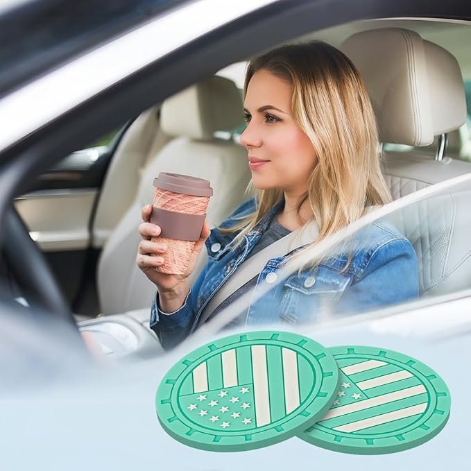 Osilly Car Cup Holder Coasters, 4 Pack American Flag Insert Car Cup Coaster, 2.75 Inch PVC Anti Slip Shockproof Embedded Drink Mat, Car Interior Decoration Accessories for SUV, Truck(Green)
