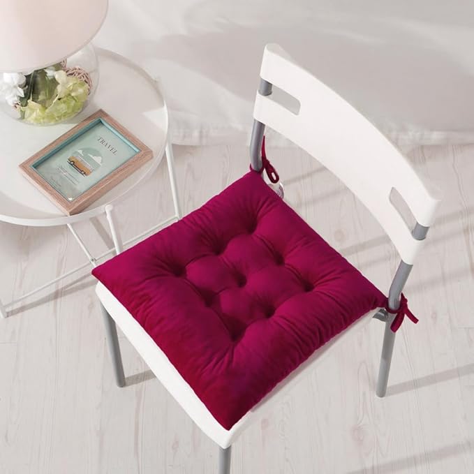 2 Pack Square Seat Cushion Chair Pads for Kitchen Dining Chairs, Soft Comfort Velvet Chair Mat Pillow Cushions with Ties for Office Desk Living Room Tatami 15.5", Burgundy