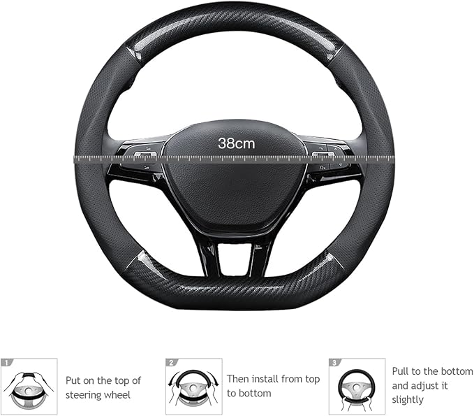 Ergocar Car Steering Wheel Cover Non-Slip Car Steering Wheel Protector Sport D-Shape Carbon Fiber & PU Leather Universal for Diameter 38cm(15") (Black-red-Stripe-B)