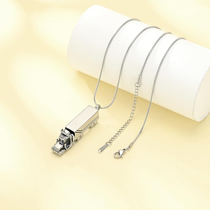 Urn Necklace for Ashes 18 Wheeler Semi Truck Cremation Jewelry for Men Memorial Urn Pendant Ashes Locket Necklace Keepsake Gifts
