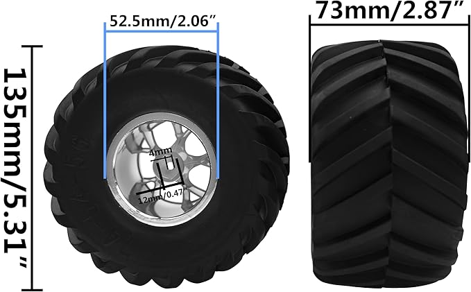 5.31''OD Rubber Tires & Wheel Rim 12mm Hex Hub Compatible with Traxxas Rustler HPI HSP Volcano Tamiya Exceed Himoto 1/10 Off-Road Monster Truck,135mmx73mm (Silver)