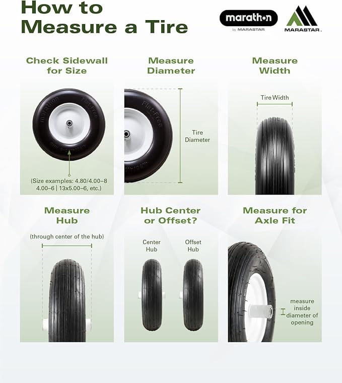 Marathon 4.80/4.00-8" Flat Free Tire on Wheel, 3" Hub, 3/4" Bearings, Ribbed Tread