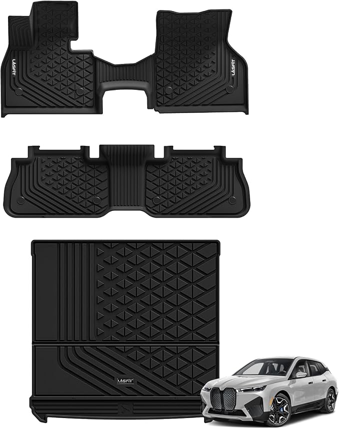 LASFIT Floor Mats & Cargo Liner for BMW IX 2022-2024 2025 2026 xDrive45 xDrive50 xDrive60 M60 M70, All Weather Protection Floor Liners, TPE Car Mat for BMW Accessories 1st & 2nd Row & Trunk Full Set