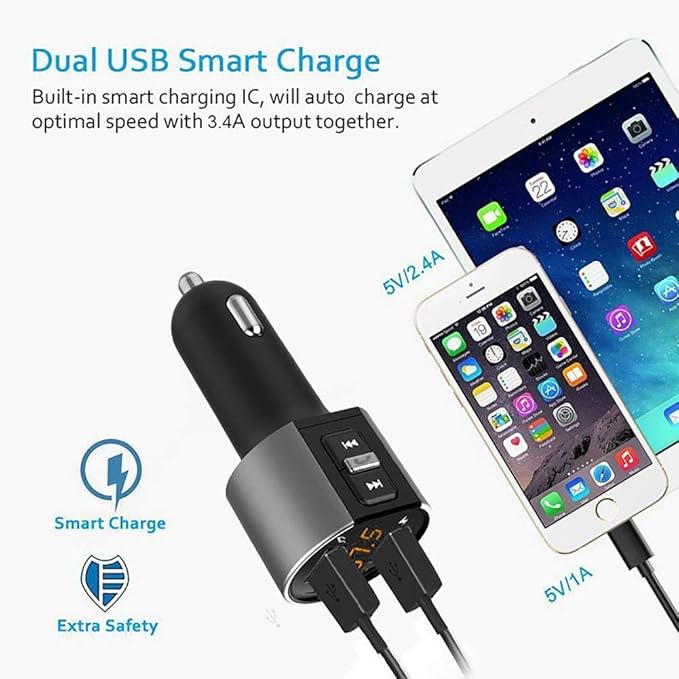 Bluetooth FM Transmitter for Car, Wireless MP3 Player FM Modulator Car Stereo Radio Adapter Car Kit Hands Free Calling Dual USB Cahrging Battery Voltage Detection