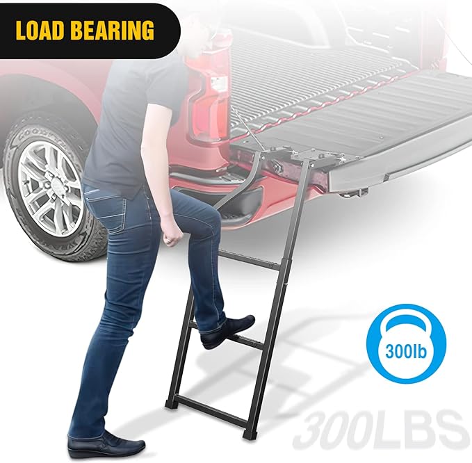 Nilight Foldable Truck Tailgate Ladder for Pickup with Aluminum Step Grip Plates, Replaceable Rubber Feet & Stainless Steel Self Drilling Hex Screws for Easy Installation