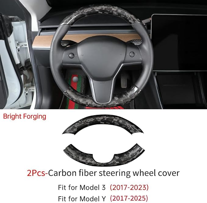 JSWAN Real Carbon Fiber Steering Wheel Cover for Tesla Model 3 2017 to 2023 Model Y 2020 to 2024 Steering Wheel Cover Steering Wheel Wrap Protector Interior Accessories (Forging 2pcs)