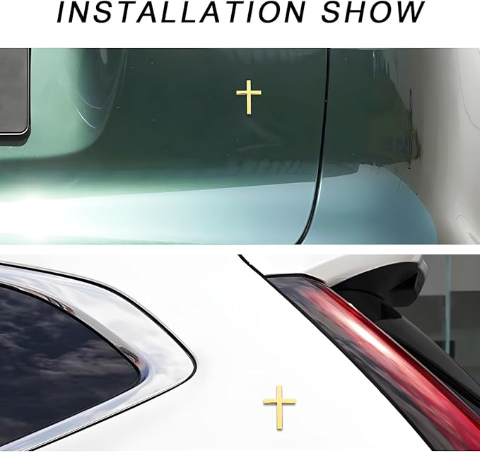 DXNQ Metal Jesus Christ Cross Badge Stickers, 2.5"×1.8" Alloy 3D Individual Car Cross Sticker, Self Adhesive Scratch Covering Cross Emblem Decal for Car Body Fender Tail (Golden)