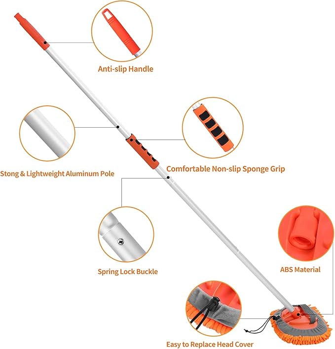Wontolf 62'' Car Wash Brush with Long Handle Chenille Microfiber Car Wash Mop Car Washing Brush Cleaning Kit Windshield Window Squeegee Wheel Brush Car Duster Dry Towels for Cars RV Truck Boat 10PCS