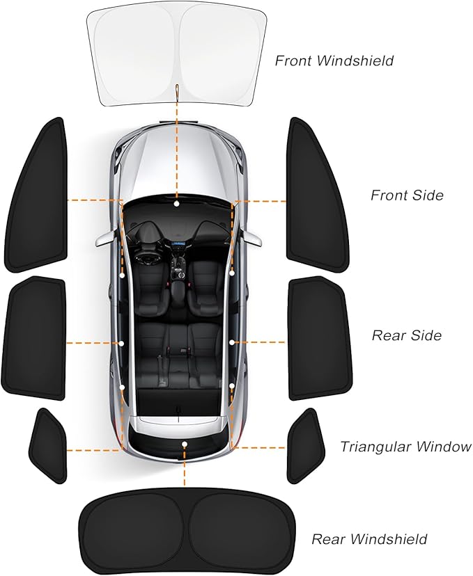 KUST Car Window Shades for Tesla Model 3 Highland 2024-2025 2026 Windshield Sun Shade Side Window Cover UV Block Privacy Protection Accessories for Camping Blackout Rear Back Full Set 8PCS