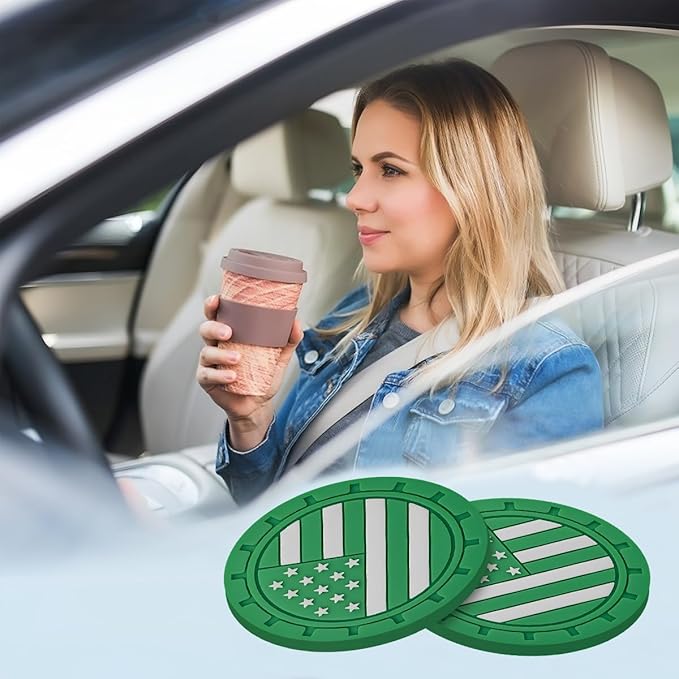 Osilly Car Cup Holder Coasters, 4 Pack American Flag Insert Car Cup Coaster, 2.75 Inch PVC Anti Slip Shockproof Embedded Drink Mat, Car Interior Decoration Accessories for SUV, Truck(Dark Green)