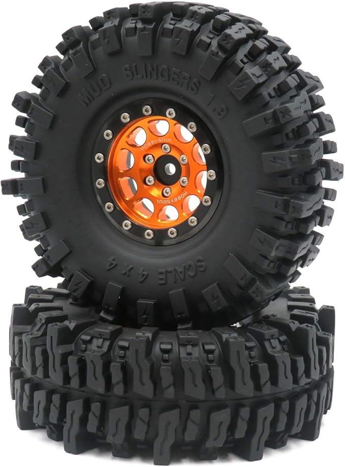 HOBBYSOUL RC Soft Sticky 1.9 Mud Slingers Tires 120mm & 1.9 Beadlock Wheels Orange Black Rims, 1.9 Crawler Tires and Wheels for 1/10 rc Crawler Traxxas TRX4 Axial SCX10 Gen8, (4-Pack)