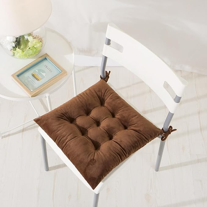 6 Pack Square Seat Cushion Chair Pads for Kitchen Dining Chairs, Soft Comfort Velvet Chair Mat Pillow Cushions with Ties for Office Desk Living Room Tatami 15.5", Coffee
