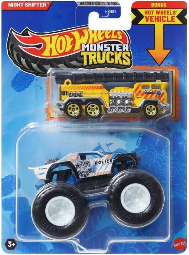 Hot Wheels Monster Trucks Night Shifter Police Series with Crushable 5 Alarm Car, Die-Cast Vehicle, 1:64 Scale