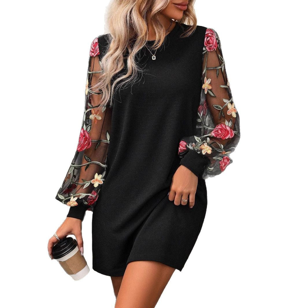 Black Round Neck Shear Floral Long Sleeve Short Dress for Women