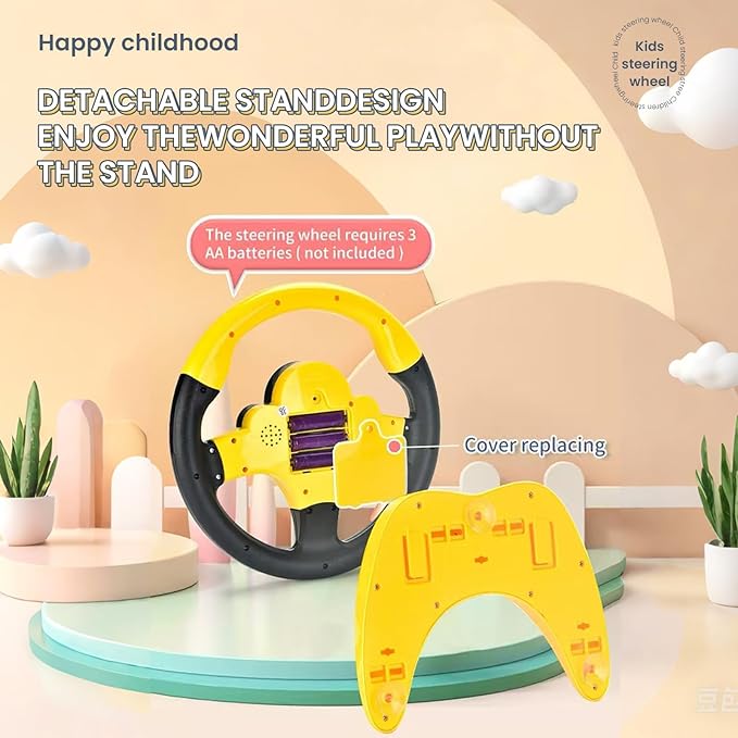 Kids Driving Toy Set with Interactive Steering Wheel and Traffic Light-Simulate Driving Car Steering Wheel Toy for Kids with Dashboard Display,Yellow and Black