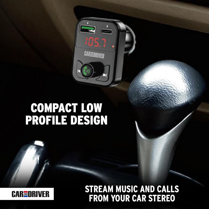 Car and Driver Bluetooth 5.3 FM Transmitter Charger, Dual USB Car Adapter with Fast 4.8 A Charging, Wireless Bluetooth Transmitter, Hands-Free Calling, Built-in Mic, LED Display, Micro-SD Card Slot