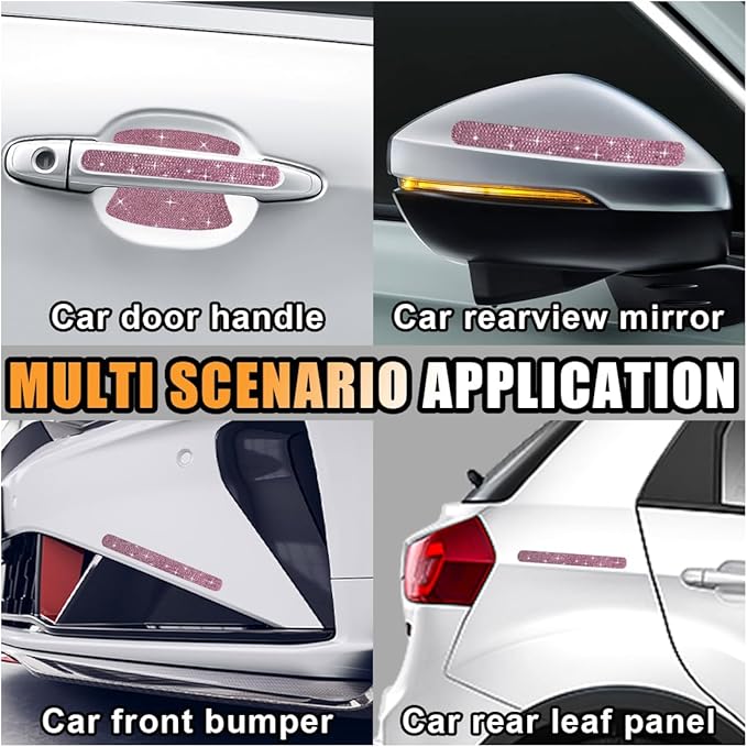 JOYCOURT 10PCS Bling Car Door Handle Anti-Scratch Sticker, Universal Car Doors Handles Protective Cover, Shiny Rhinestone Auto Decor Accessories for Women (Pink)