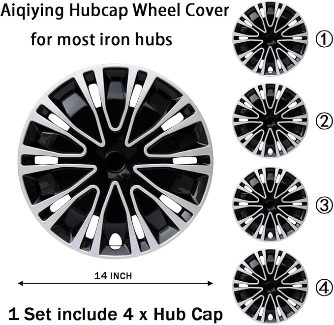Hubcap Wheel Cover Replacement R14 Hub Caps Universal-Fit Steel Wheel Rim Cover ABS Material Exterior Accessories for Car Truck SUV -Set of 4(14-inch,Silver-Black)