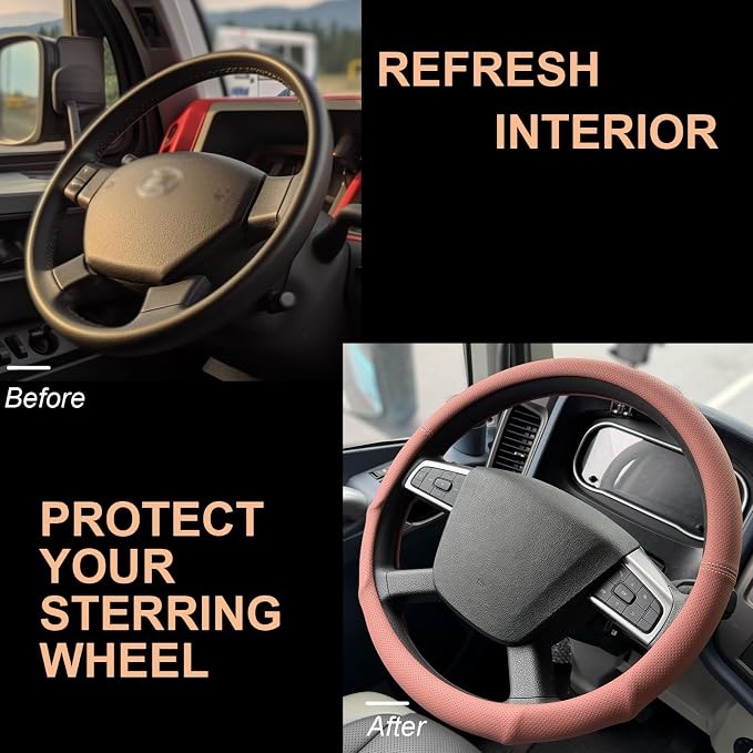 PINCTROT XL 17.5-18in Nappa Leather Supported Grip Steering Wheel Cover for Semi Truck, Fits RV, Big Rig Trucker, 18 Wheeler and Classic Cars, Anti-Slip Perforated Design 17.5-18 Inch (Maple Brown)