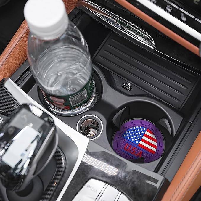 AUCELI 2 Pack Car Cup Holder Coasters, Colored American Flag US Flag Insert Car Cup Coaster, 2.75 Inch Anti Slip Shockproof Embedded Drink Mat, Vehicle Interior Decor Accessories