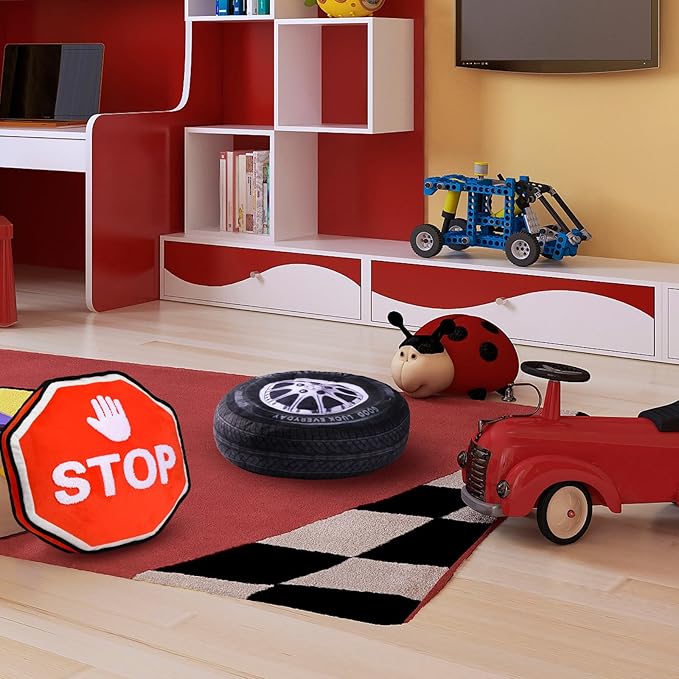 Woanger 2 Pcs Race Car Room Decor Racing Plush Throw Pillow Set Gift 15.7 Inch Soft 3D Simulation Wheel Pillow Funny Tire Cone Traffic Light and Stop for Valentines Bedroom Decorations(Stop Sign)