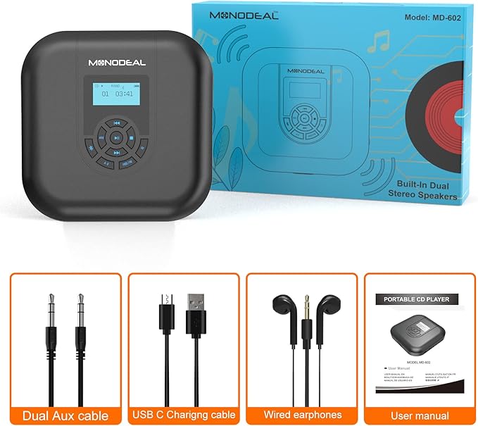 MONODEAL CD Player Portable, Bluetooth CD Player with Speakers and FM Transmitter, Rechargeable 1800mAh Player for Car and Home with LED Screen