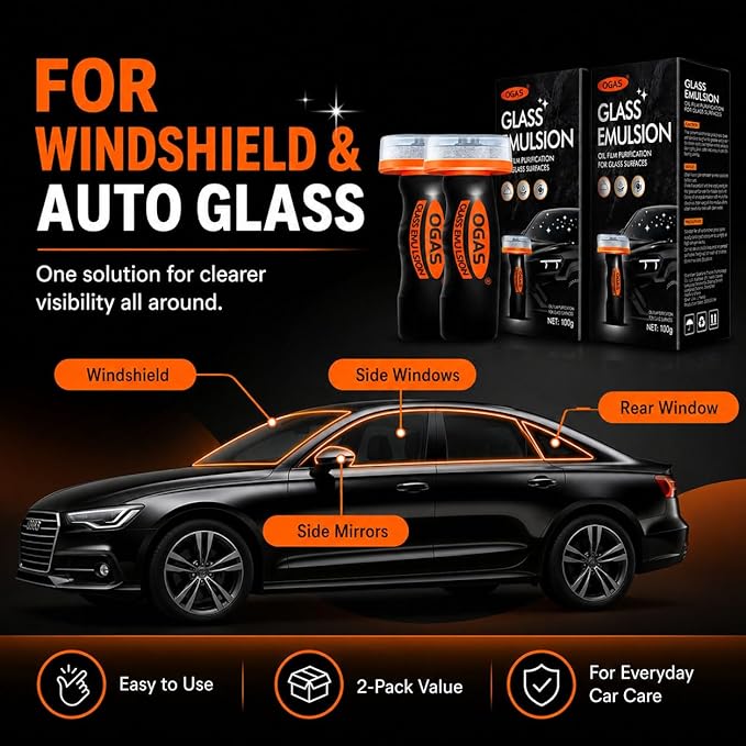 Windshield Oil Film Remover for Car, 2 Pack 100ml Each Roll-On Glass Cleaner Compound with Built-In Cleaning Pad, Helps Remove Road Film, Water Spots, Smudges & Haze, Exterior Auto Glass